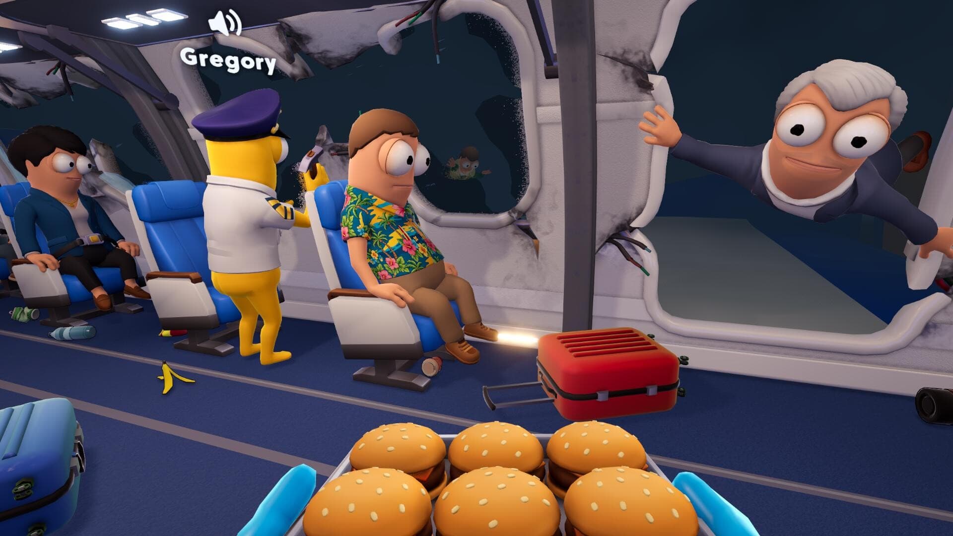 Dear Passengers cabin crew serving burgers beside an open aircraft wall