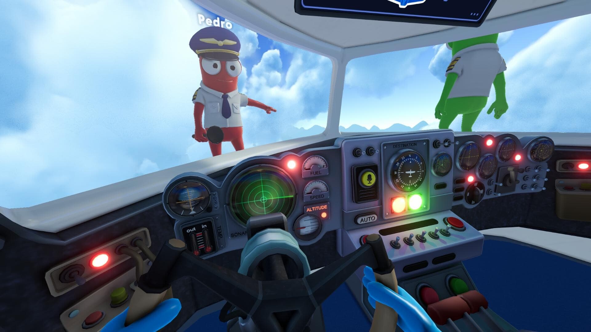 Dear Passengers cockpit with a crew member outside the windshield